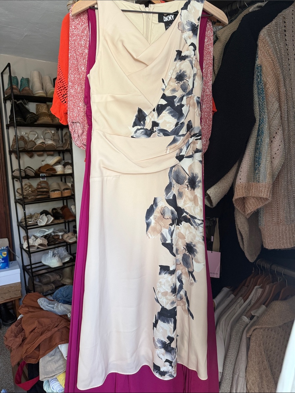 DKNY Cream Floral Draped Midi Dress with Black & Beige Blooms